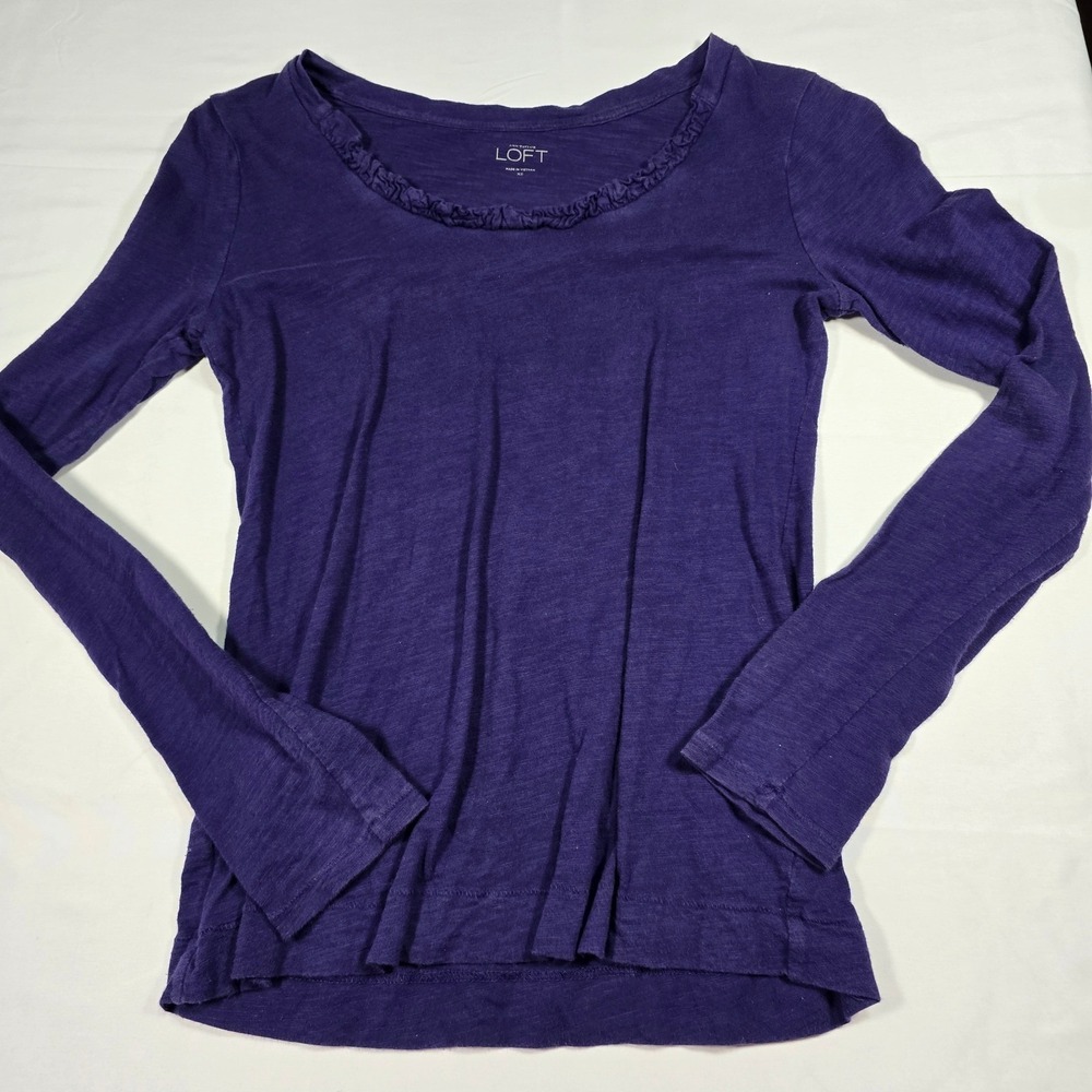 Ann Taylor Loft Womens Purple Cotton Slub Knit Ruffle Neck Top XS Long Sleeve
